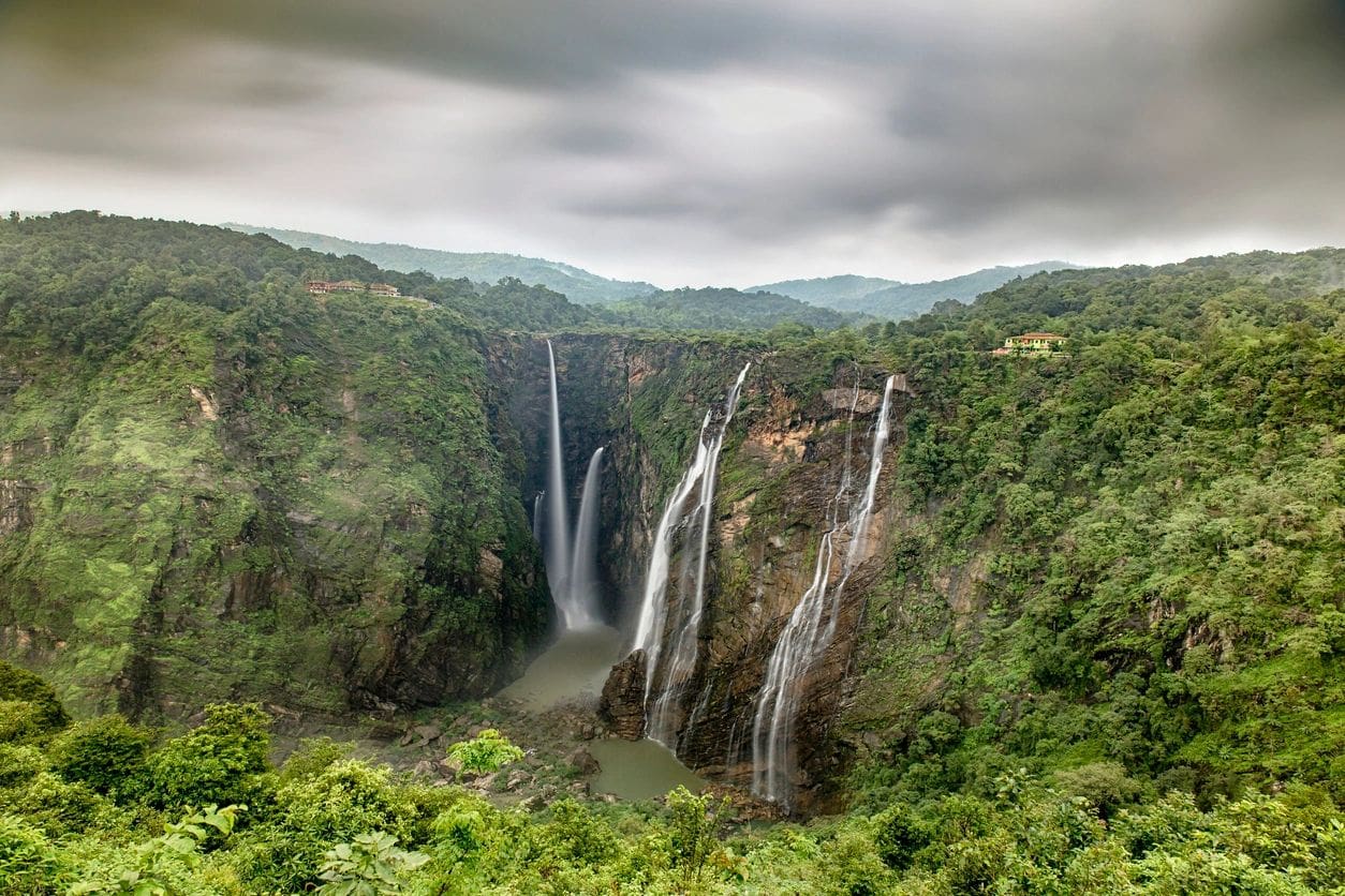 Waterfall cascades down a lush cliff.